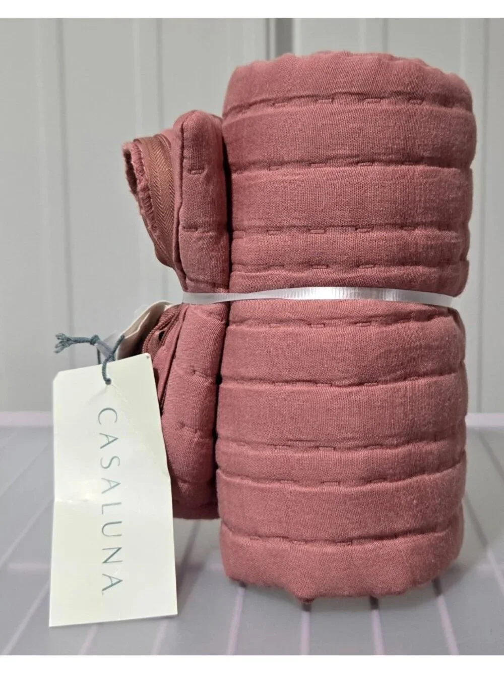 Casaluna King Pillow Sham Mauve Pink Matelasse Striped Lyocell & Cotton Blend
